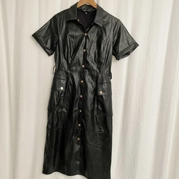 Zara Faux Leather Snap Front Dress Black - Picture 8 of 10